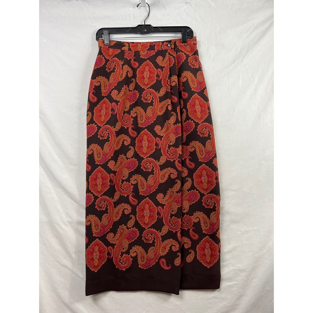 Jones New York Maxi Skirt Womens 8 Brown Paisley Straight Faux Wrap Career Long